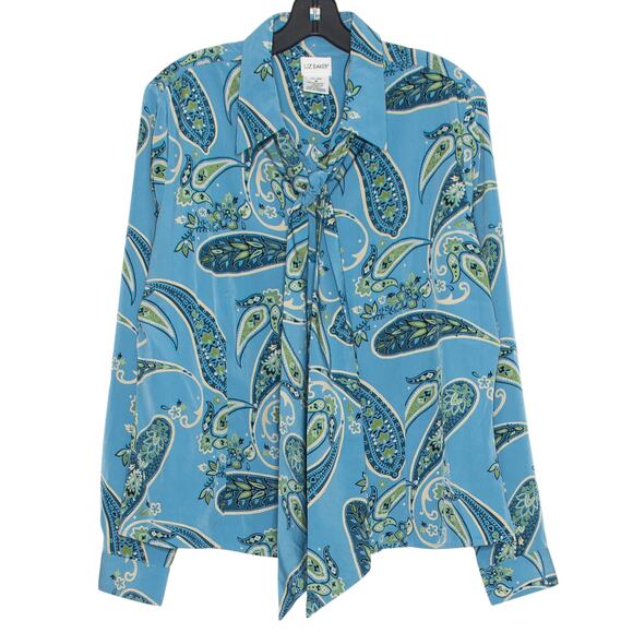 Liz Baker Top Paisley Tie Neck Cottage Academia Retro Grandma Button Up Blue 16 - Picture 1 of 6